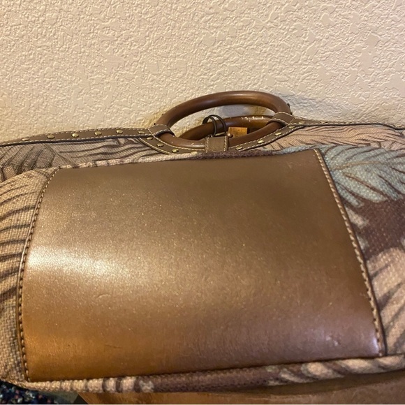 Fossil handbag dark Hawaiian tropical palm print wooden handles or strap - Picture 11 of 13